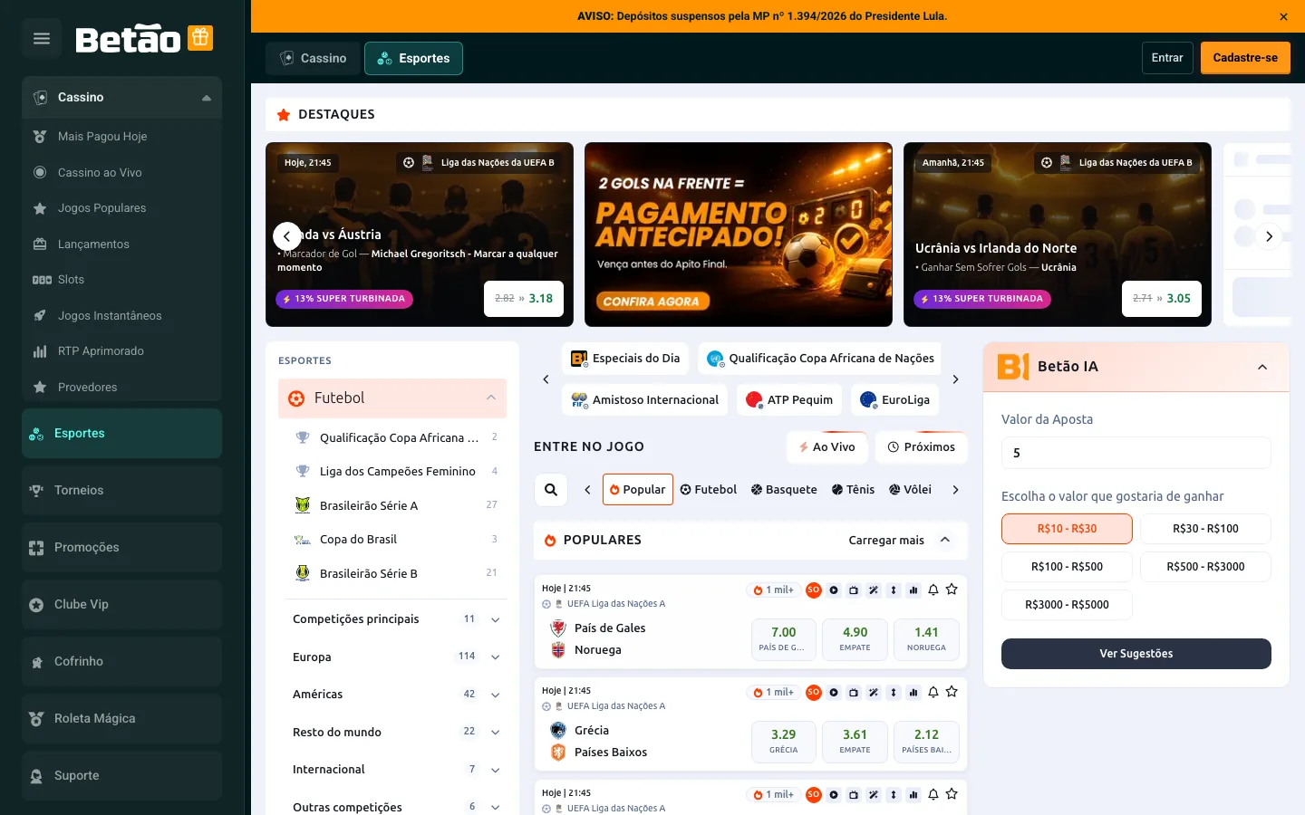 Painel de apostas do Betão com destaques e cotações SuperOdds