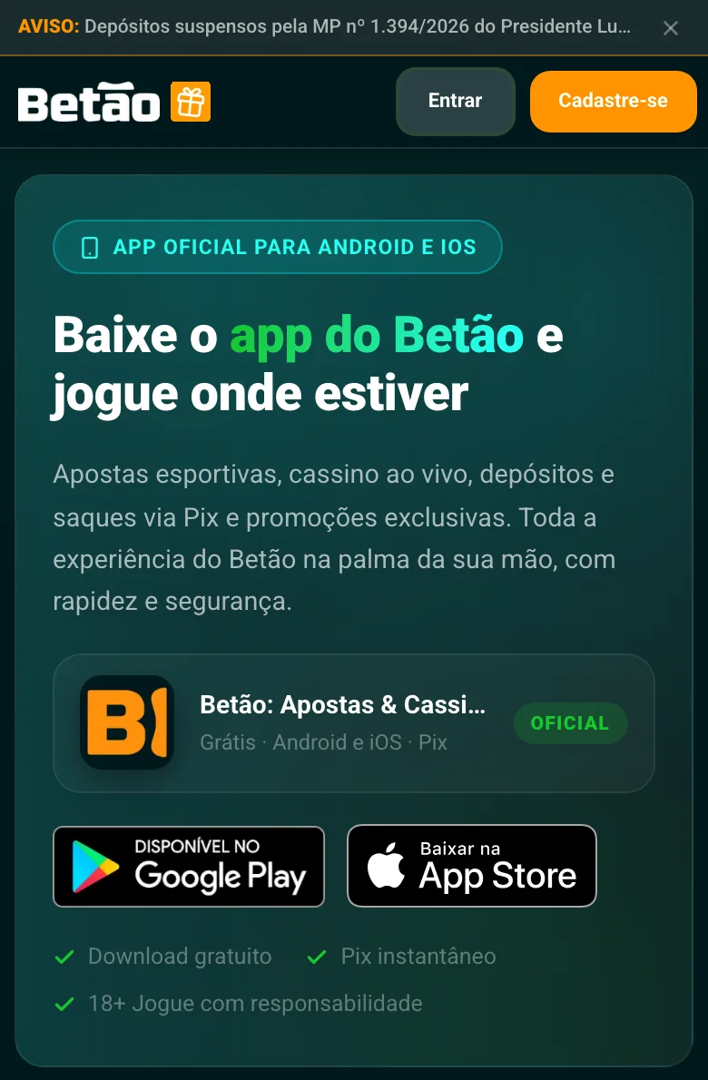Página do aplicativo Betão no celular: app oficial para Android e iOS, Google Play e App Store