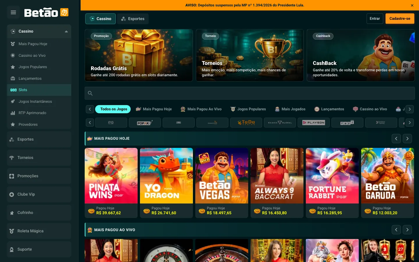 Lobby de slots do Betão: Pinata Wins, YO Dragon, Betão Vegas, Fortune Rabbit e Betão Garuda