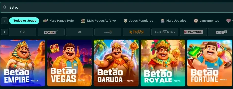 Busca por Betao no cassino mostrando Betão Empire, Vegas, Garuda, Royale e Fortune lado a lado
