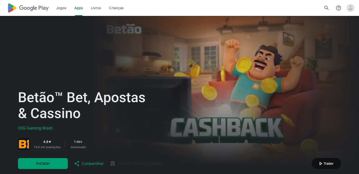 Ficha do Betão no Google Play: nota 4,8 de 5, 74,9 mil avaliações e mais de 1 milhão de downloads