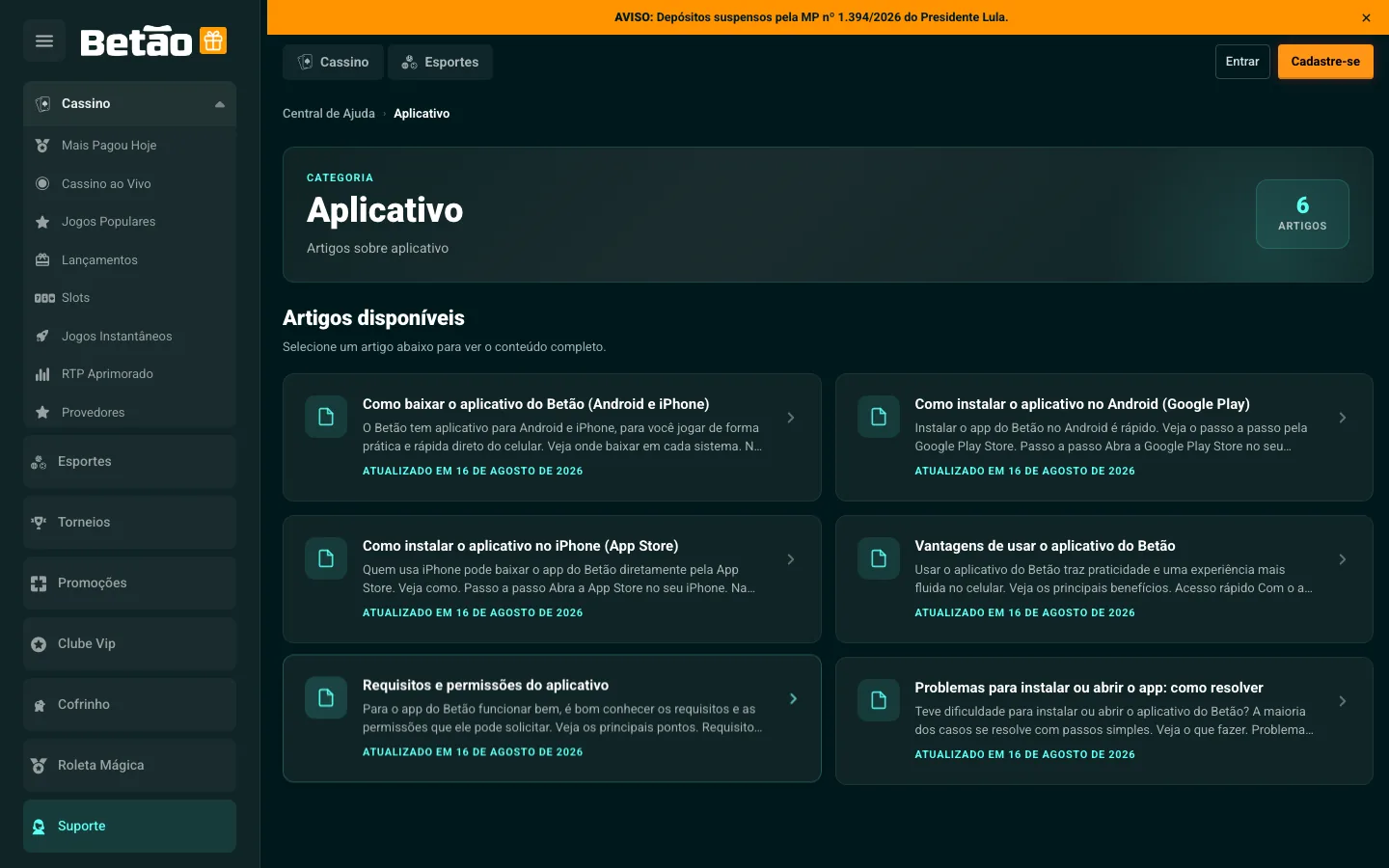Central de Ajuda do Betão, categoria Aplicativo, com 6 artigos sobre instalação e requisitos
