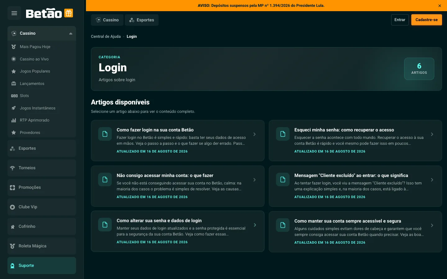 Central de Ajuda do Betão, categoria Login, com 6 artigos: login, recuperar senha, “Não consigo acessar”, “Cliente excluído”