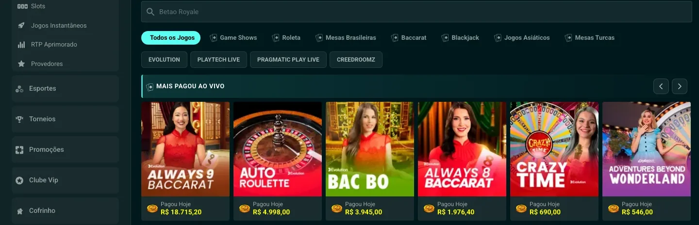 Cassino ao vivo do Betão com as abas Game Shows, Roleta, Mesas Brasileiras e Baccarat, e as mesas Auto Roulette e Bac Bo no topo de pagamentos
