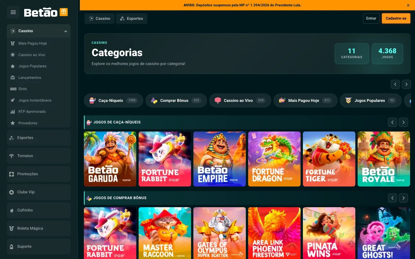 Página de categorias do Betão com 11 categorias e 4.368 jogos, Betão Garuda e Betão Royale na aba Caça-Níqueis