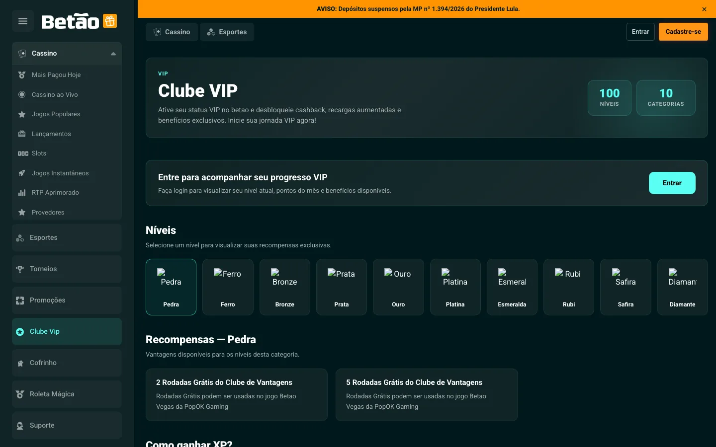 Página do Clube VIP do Betão com os 10 níveis de categoria, de Pedra a Diamante