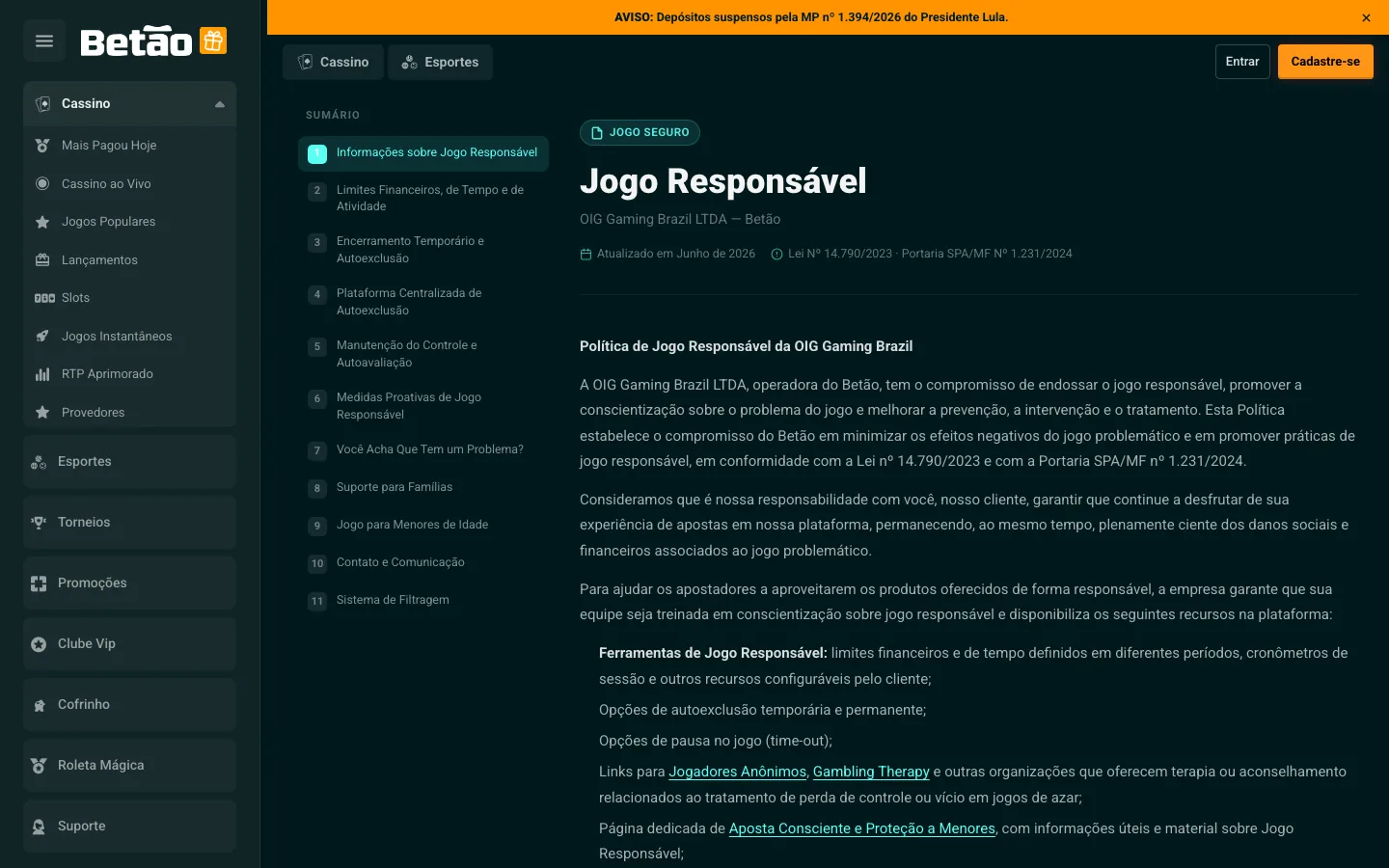 Página de Jogo Responsável do Betão com sumário de 11 seções