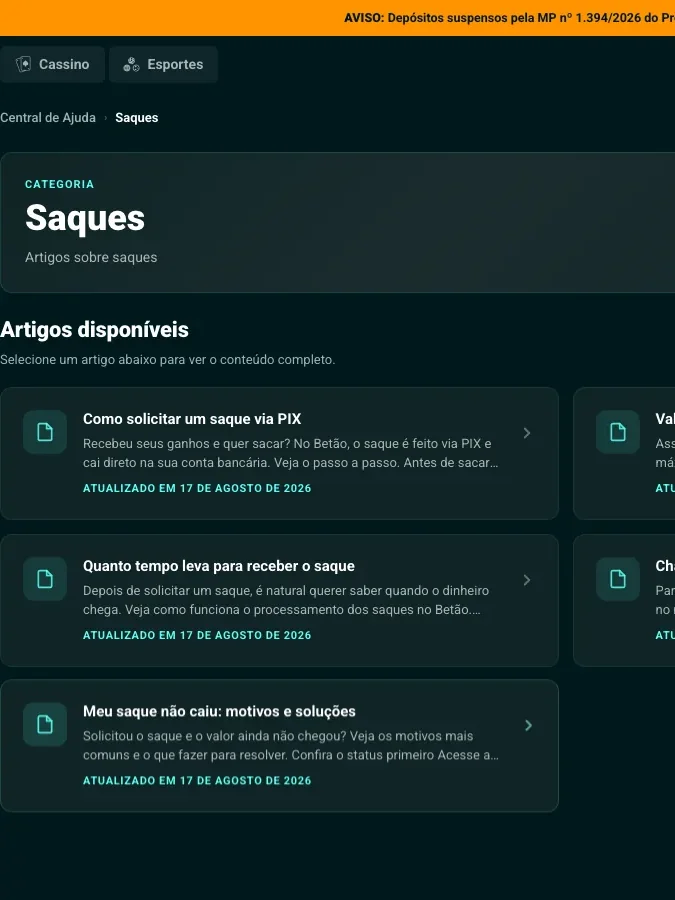 Categoria Saques da Central de Ajuda do Betão, com os artigos sobre PIX, prazo e valor mínimo e máximo