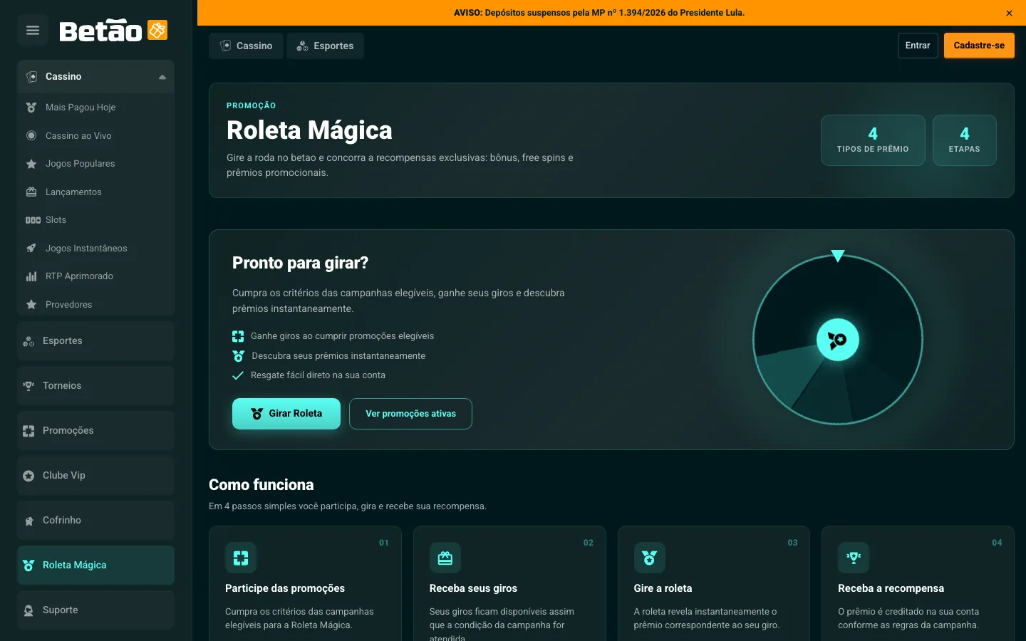 Página da Roleta Mágica do Betão com a roda de prêmios e as etapas de participação